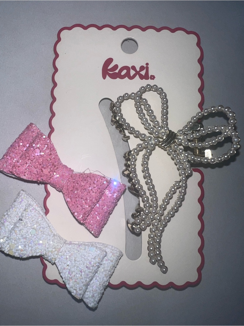 Pink & White Glitter Bow Clip Set with Pearl Bow